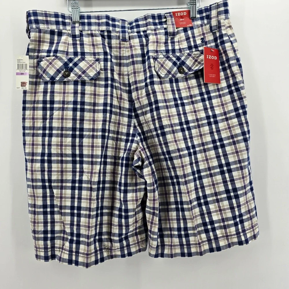 IZOD Madras Shorts Mens Luxury Sport Plaid Flat Front Navy Tan 38W MSRP $60 NEW